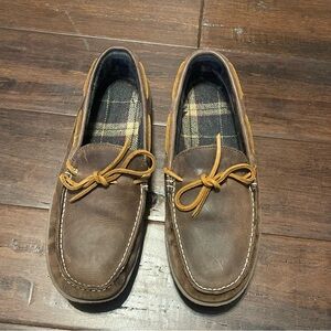 Men's LL Bean Handsewn Brown Leather Slippers Flannel Lined Hard Sole Size 11 M